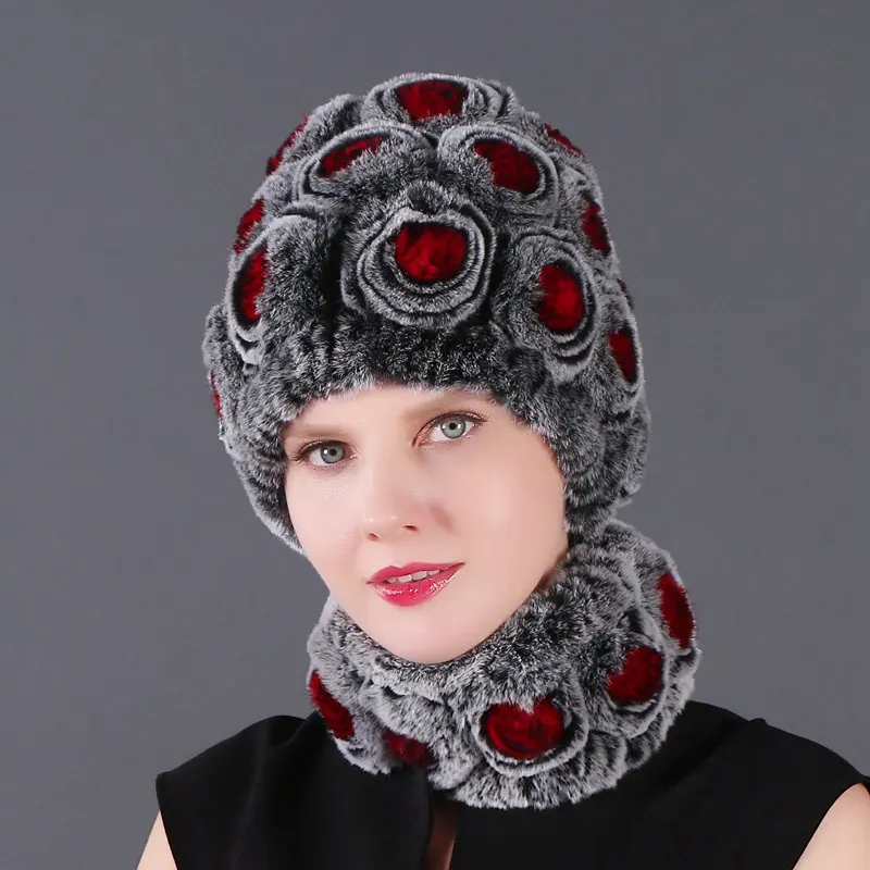 Модная женская меховая шапка, Зимний натуральный настоящий мех кролика, шапка, шарф, набор, высокое качество, для женщин, натуральный мех - Цвет: color22