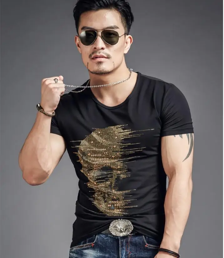 Men's short sleeve t-shirt modal skull drilling trend metrosexual man half | Мужская одежда