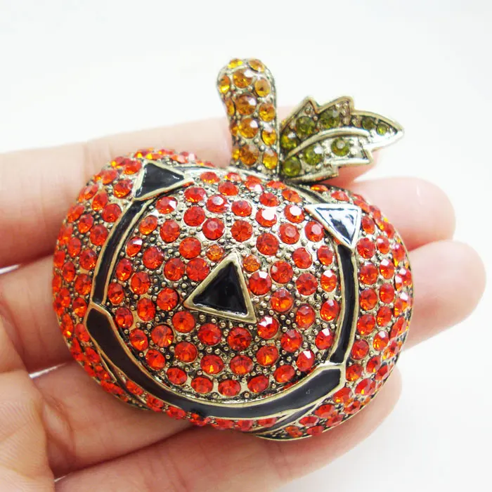 

TTjewelry Small Size Vintage Pumpkin Halloween Red Austrian Crystal Gold Tone Brooch Pin