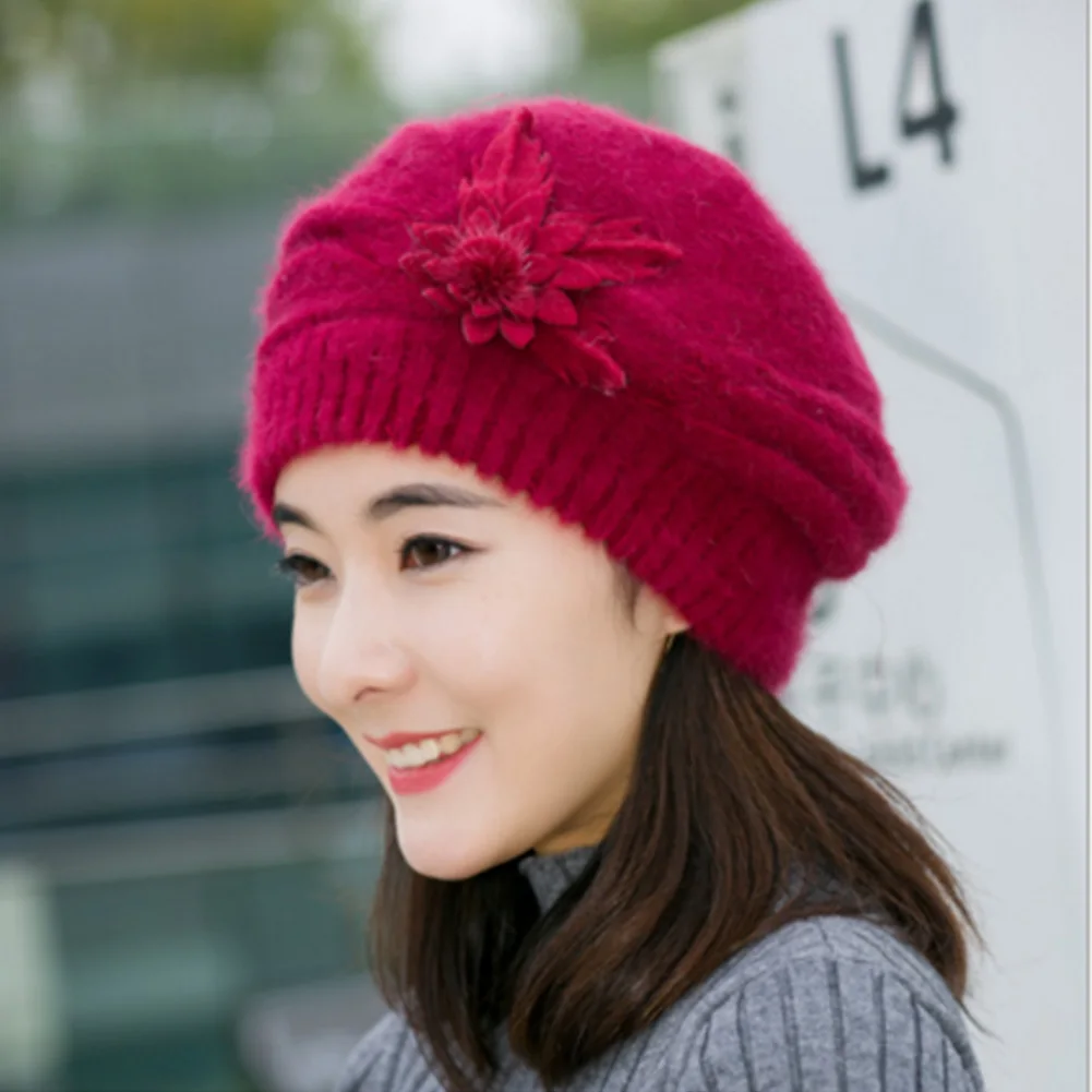 Берет с цветами шапка из кроличьего меха теплая Женская лыжная зимняя новая
