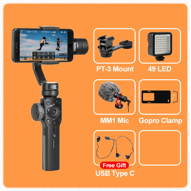 w Mount MM1 LED Clip ZHIYUN Smooth 4 3 оси смартфон ручной карданный стабилизатор steadicam для iphone 6 X Экшн-камера huawei P20 Pro Gopro4 SJCAM - Цвет: w Mount MM1 LED Clip