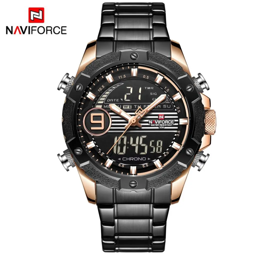 Black Rose Gold NAVIFORCE мужские часы с хронографом спортивные часы с двойным дисплеем кварцевые часы Аналоговые Цифровые 3ATM водонепроницаемые наручные часы черный красный - Цвет: Black Rose Gold