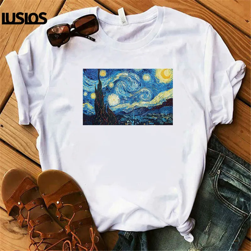LUSLOS Ван Гог Звездная ночь футболка женская летняя с короткими рукавами Белая
