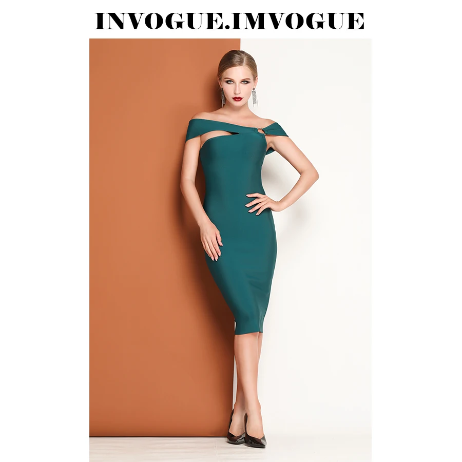 INVOGUE. Женское облегающее платье с открытыми плечами IMVOGUE однотонное до колена