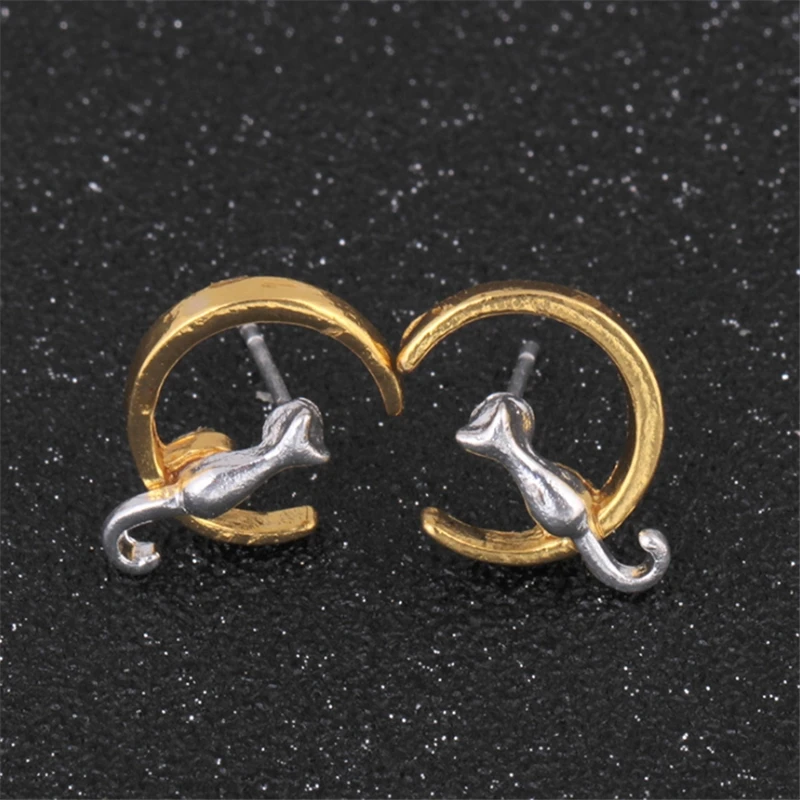 Блестящие серьги гвоздики с котом и луной ювелирное изделие в виде кошки изящные