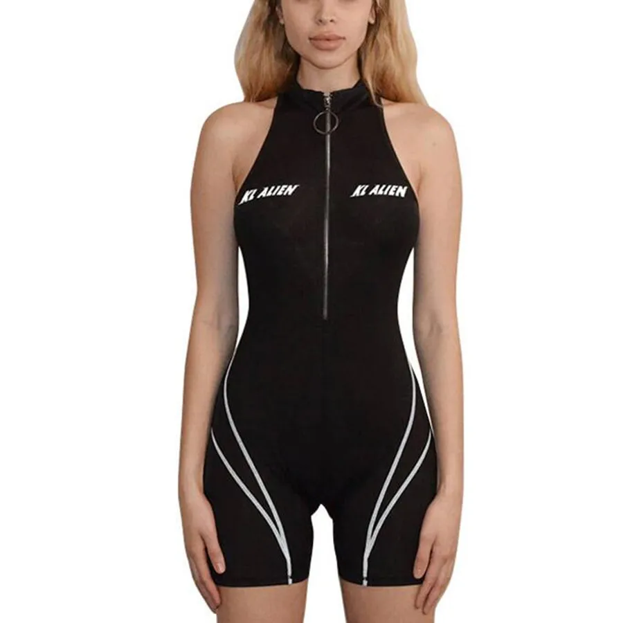 

Turtleneck Zipper Letter Neon Playsuits Women Jumpsuit Sleeveless Patchwork Fitness Bodysuit Streetwear Sporting Skinny Outfits