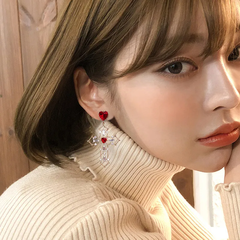 

New Korean Hollow Metal Cross Charm Red Crystal Love Heart Dangle Earrings for Women Luxury Fashion Statement Pendientes 6C1012