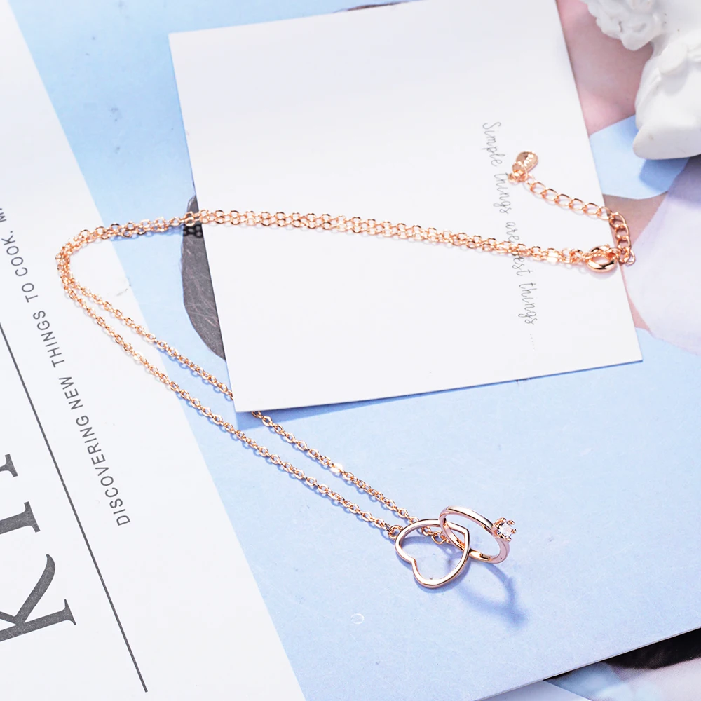 

MEYRROYU 925 Silver Necklace Simple Double Circle Heart Pendant Necklace Clavicle Chain Ladies Engagement Party Jewelry