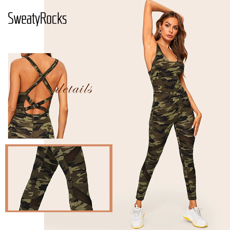 SweatyRocks крест-накрест с сетчатой вставкой на спине камуфляжный комбинезон для активного отдыха Облегающий комбинезон сексуальный женский комбинезон на бретелях с открытой спиной