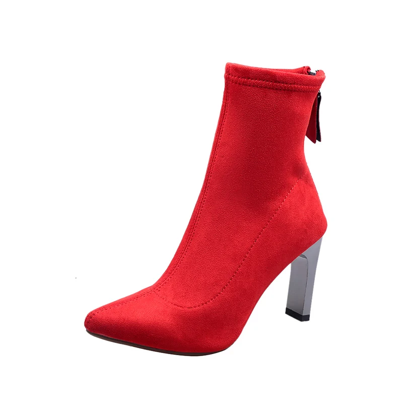 Red-Square heel Aphixta/Сапоги на шпильке; женская обувь; женские сапоги из эластичной ткани на молнии; сапоги до середины икры с острым носком; эластичные высокие сапоги на тонком высоком каблуке - Цвет: Red-Square heel