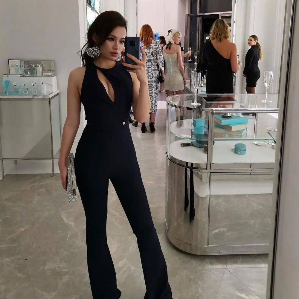 KLEEZY Femme, без рукавов, бандажные штаны, открытые, новые летние, сексуальные, для подиума, шикарные костюмы, для вечеринок, клубный Облегающий комбинезон HL5015