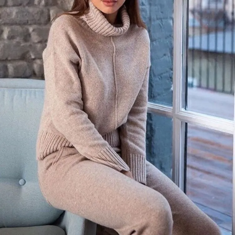 2018 Winter Woolen And Cashmere Knitted Warm Suit High Collar Sweater Pants Loose Style Two-Piece Set Knit | Женская одежда