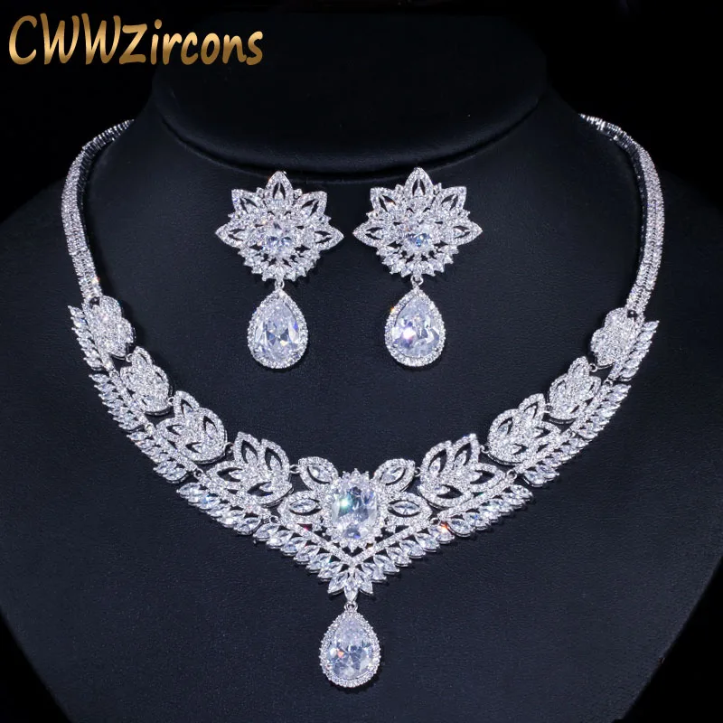 

CWWZircons Big Water Drop Women Evening Party Costume Jewelry Sets Dubai Cubic Zirconia Paved Bridal Necklace and Earrings T197