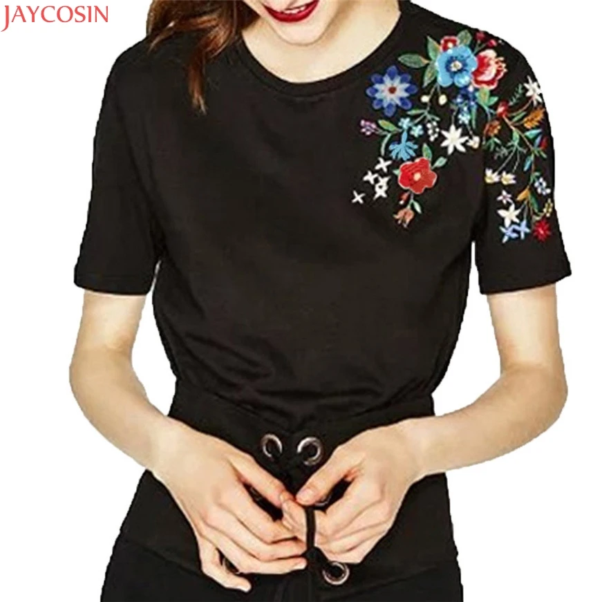 JAYCOSIN Women Flower Embroidery Shirt Short Sleeve Tees Ladies Casual | Женская одежда