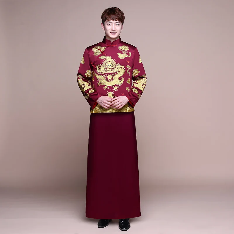 Мужской красный cheongsam тост костюмы жениха платье куртка длинное Традиционный