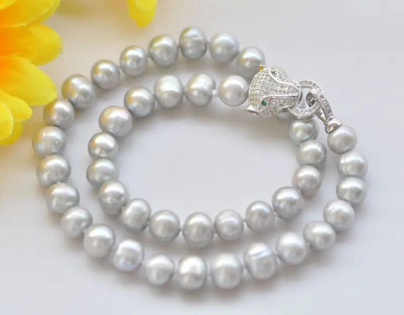 Natural breeding freshwater gray pearl 9-10MM 18" leopard head clasp