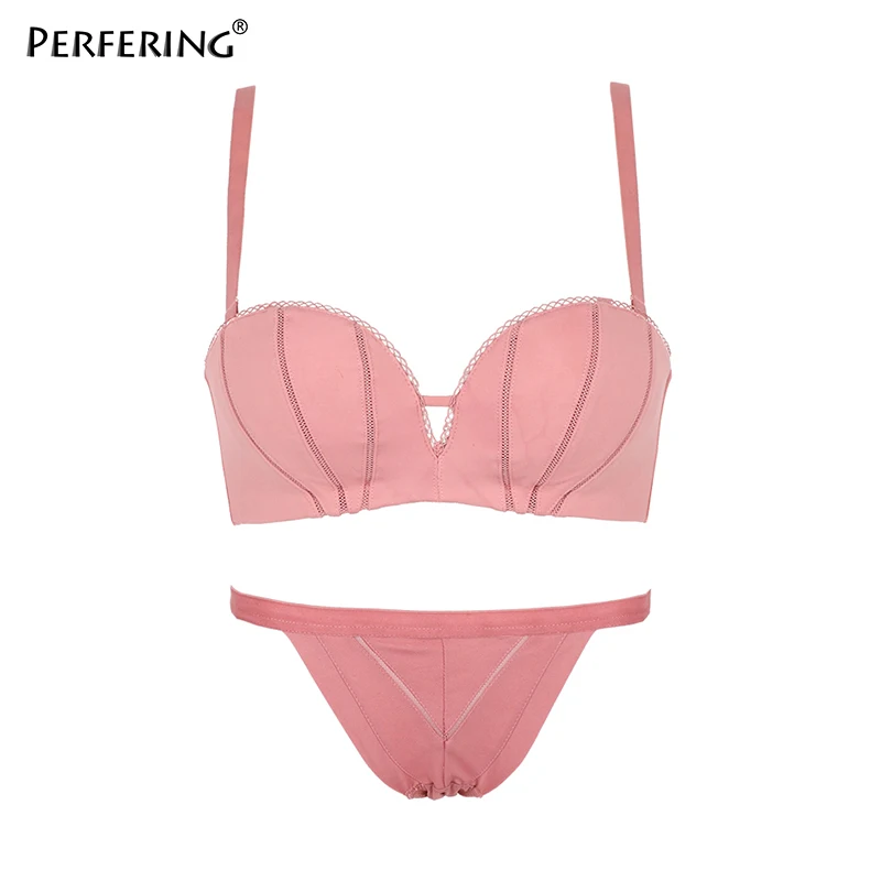 PINK BRA SET Perfering пикантные модные комплект нижнего белья пуш-ап Невидимый Бюстгальтер Bralette Краткие наборы толстый хлопок нижнее белье женское белье женский - Цвет: PINK BRA SET