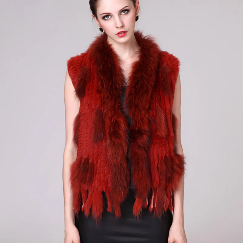 2017 натуральный вязаный жилет из натурального кроличьего меха с воротником енота