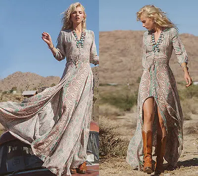 Новое женское платье с длинными рукавами и цветочным принтом для вечерних вечеринок в стиле бохо.