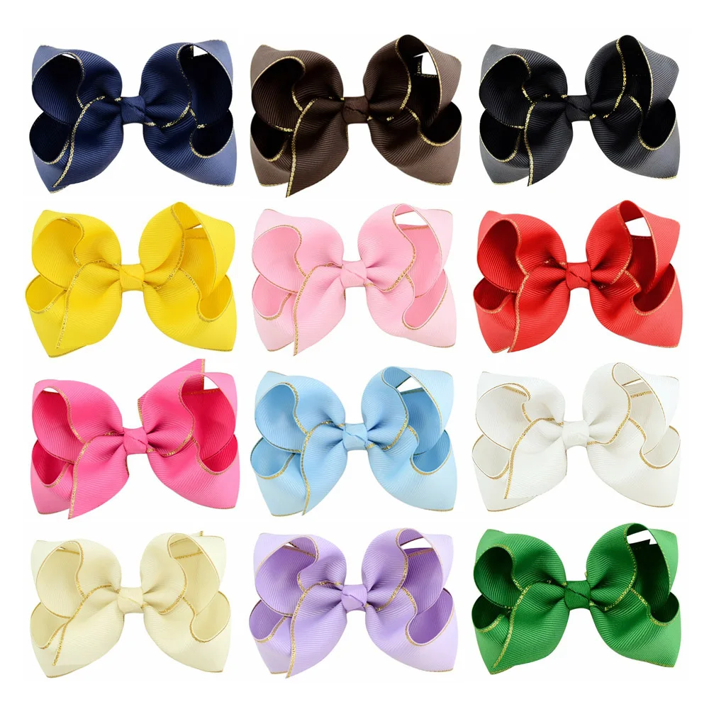 

4 Inch Gold line Grosgrain Ribbon hair Bows with clip for kids Accessories Girl Boutique Beauty Colorful Hairpins 12Pcs/Lot