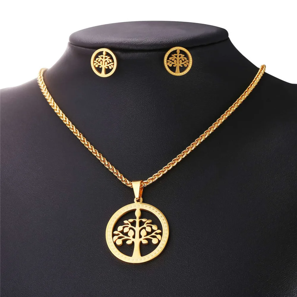 U7 Нержавеющая Сталь Круглый Дерево Жизни Ожерелье и Серьги Ботанический Лесной