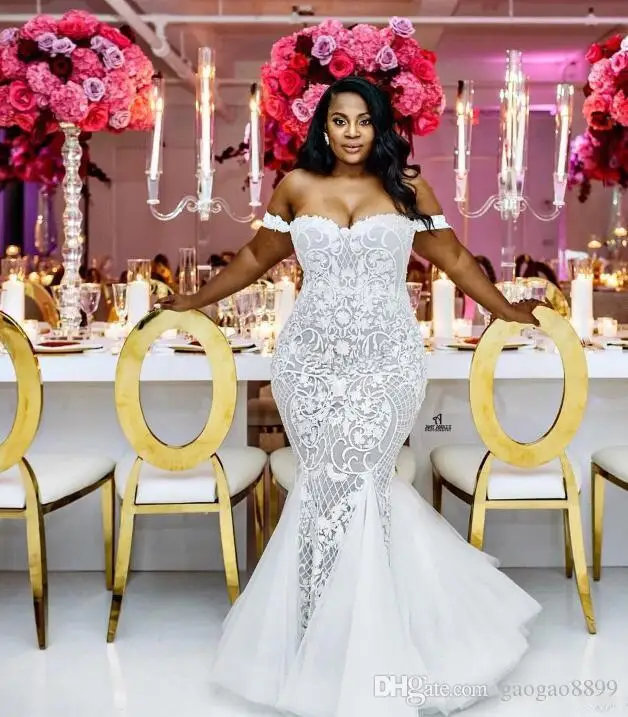 Mermaid Wedding Dresses Modest Plus Size Off Shoulder Trumpet Bridal Gowns Sweep Train Tulle Lace African Dress Custom M | Свадьбы и