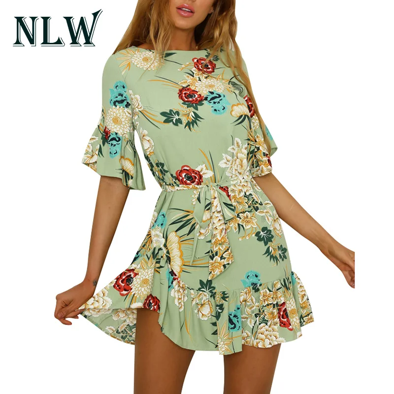 Nlw Цветочный принт Для женщин короткий рукав шифон Мини платья Vestidos 2018 Летняя