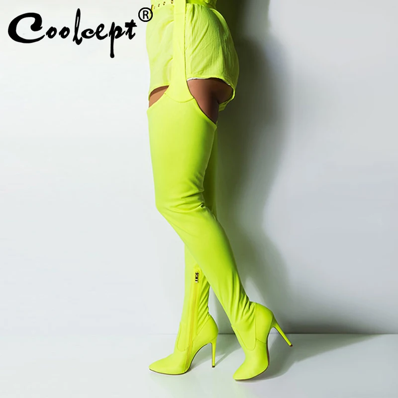 

Coolcept Thigh High Pants Boots Women Thin Heels New Fashion Green Foreign Trade Women'S Shoes Pointed Toe Sexy Botas Size 36-41