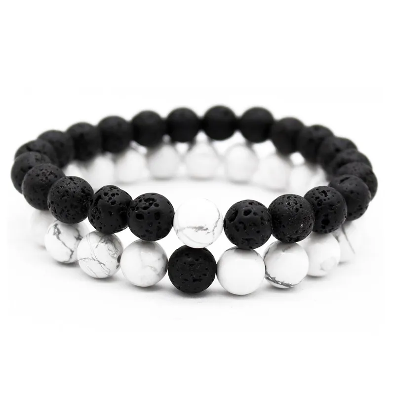 black white Poshfeel Пара Браслеты и браслеты 8 мм Природный лавовый камень браслет из бисера для влюбленных масляный диффузор ювелирные изделия ручной работы MBR180292 - Окраска металла: black white