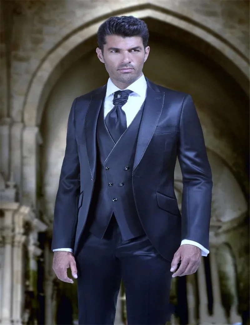 

Groom Tuxedos Groomsmen Shiny Navy Blue Peak Lapel Suit Best Man/Bridegroom/Wedding/Prom/Dinner Suits (Jacket+Pants+Tie+Vest)