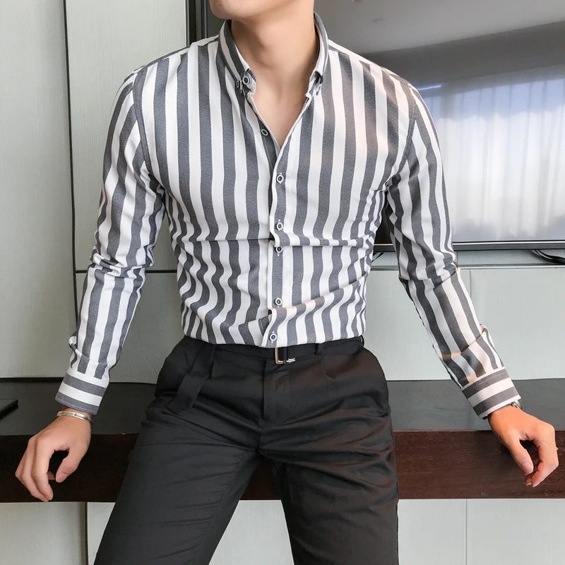 Heren Overhemden Kemeja Pria 2018 элегантные мужские дизайнерские футболки Полосатый Slim Fit