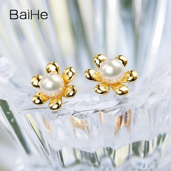 BAIHE Solid 14K желтое золото(AU585) 4-4,5 мм натуральная пресноводная жемчужина свадебные модные ювелирные изделия подарок серьги-гвоздики
