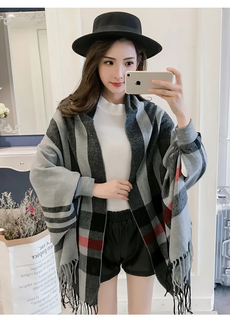 Batwing sleeve Checkered Hippie Fringe Tassel Woven Poncho Cardigans Womens Ladies Fall Winter Plaid knitted sweater Cloak shawl |