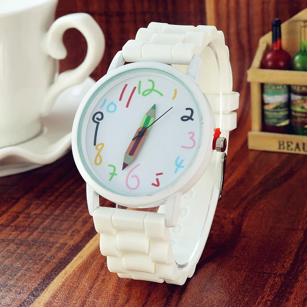 Silicone Candy Color Student Quartz Watch Girls Clock Fashion Pencil Pointer Wristwatches Children Cartoon Kids Gift Watches
