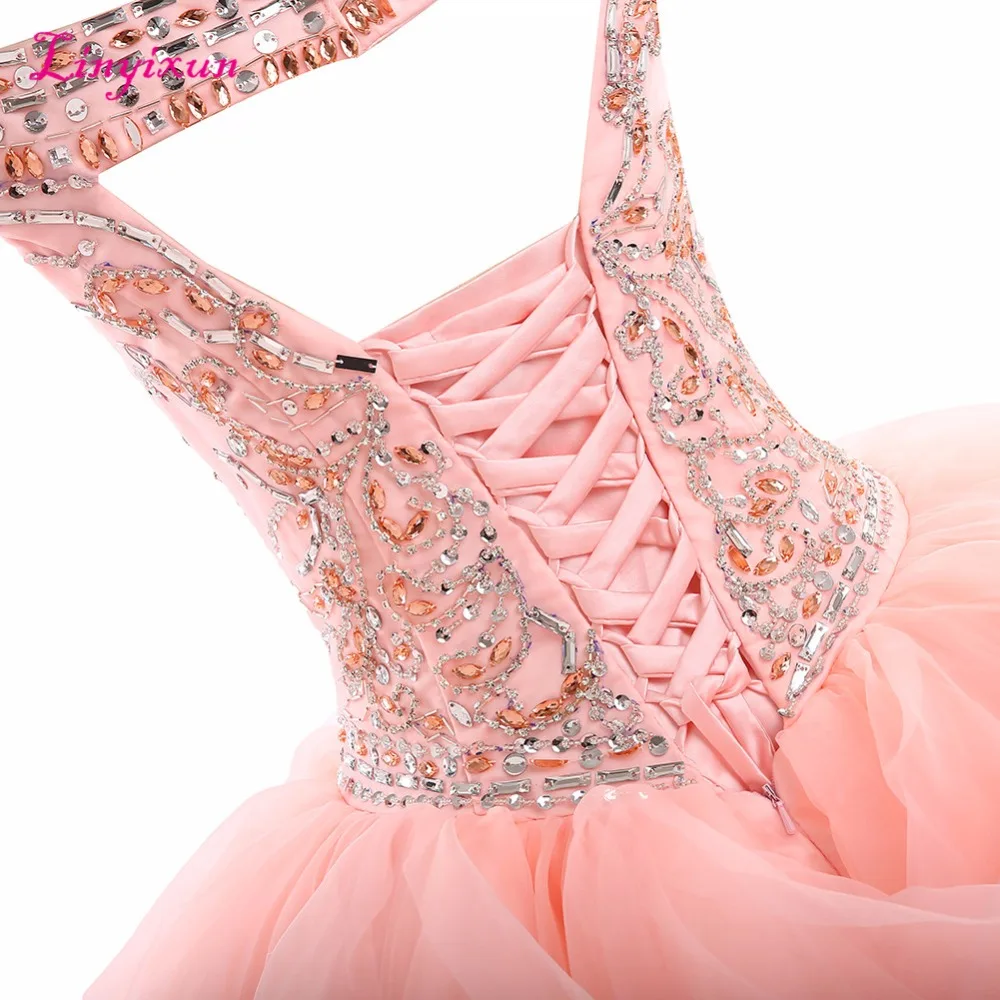 Linyixun реальное фото сексуальное бальное платье с кристаллами платья для Quinceanera