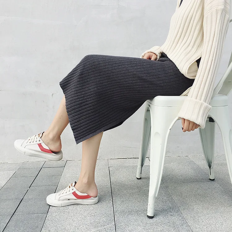 Fashion Large size knit split yarn sweater skirt autumn female fat MM long section thin package hip 611# | Женская одежда