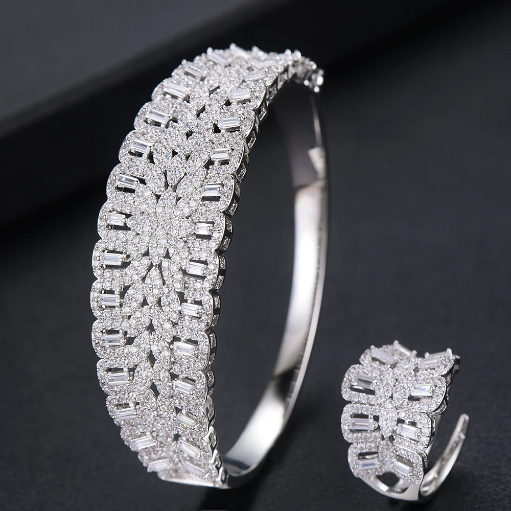 missvikki Handmade Prong Setting AAA CZ Bangle Open Ring Jewelry Set Luxury Gorgeous Geometric for Women Bridal Wedding | Украшения и