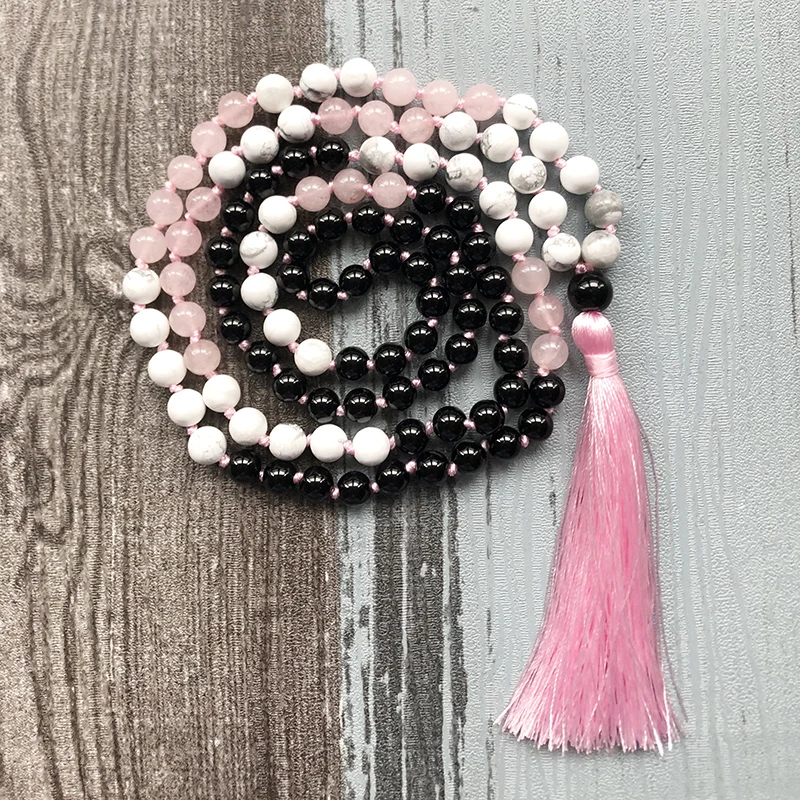 Mala Beads Rose Q-uartz ожерелье ручной работы 108 мала-Йога с кисточкой Белый Howlite Черный
