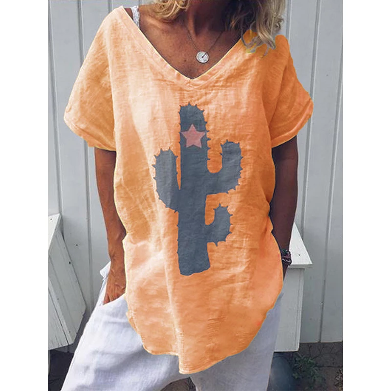 Summer Hot Popular Womens Casual Plant Printing Cotton Linen V Neck Blouse Ladies Baggy Short Sleeve Tops 2019 | Женская одежда