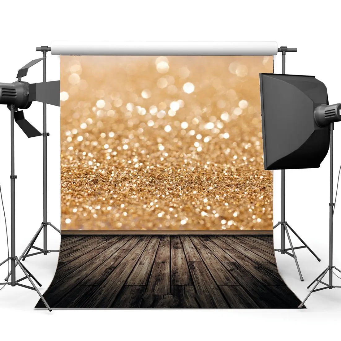 

Photography Backdrop Christmas Bokeh Halos Golden Glitter Sequins Retro Wood Floor Xmas Backdrops