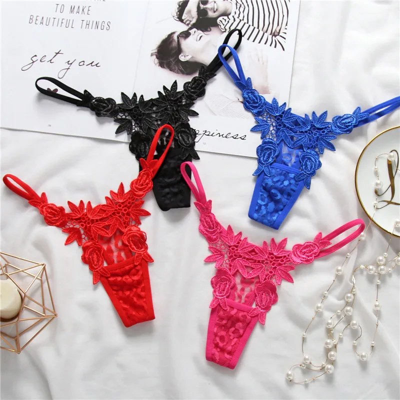 AIIOU Sexy Women Lace Black Thong G String Panties Female Underwear Low Waist Embroidery Thongs Nightwear Erotic Pants Underwear
