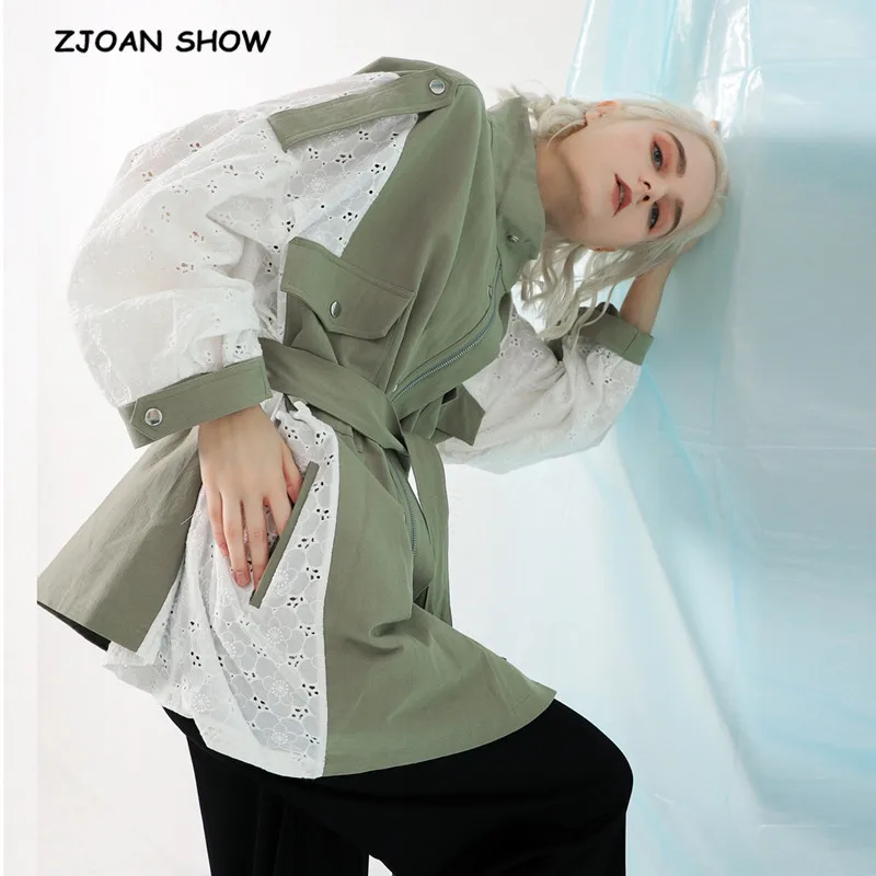 2019 New Autumn Stand Collar Long Sleeve Back Lace Split Joint Large Size Trench Women Coat Fashion Oversize coat Belt Outwear | Женская