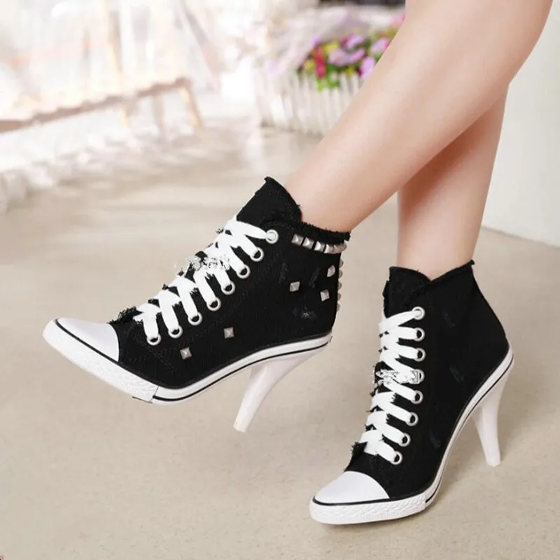 

Women Canvas Shoes Denim High Heels black Rivets Shoes Fashion Shoe Laces Sneakers Women Short Boots