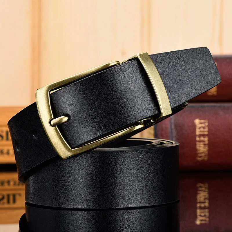 BuckleD-Black Мужской ремень из натуральной воловьей кожи, ремни для мужчин, Классический Простой ремень, роскошный Античный Золотой штыревой пряжкой, пояс для мужчин - Цвет: BuckleD-Black