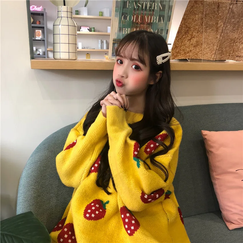 Корейский Ulzzang Зимний Большой размер свободный Забавный клубничный принт шикарный длинный рукав женский милый ins o-образный вырез модный Повседневный свитер