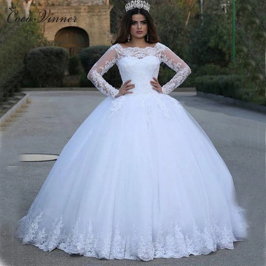 

Arab Muslim Ball Gown Wedding Dress Princess Style Long Sleeve Lace Appliques Bride Dress Custom Made Wedding Gowns W0134