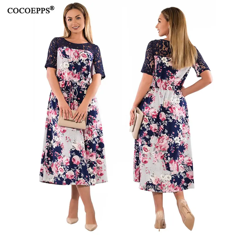 COCOEPPS Women Large Size Lace Floral Print Dress Ladies O Neck Summer Vintage Dresses Big Casual Loose Vestidos | Женская одежда