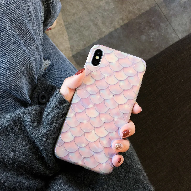 Pink mermaid scales phone case For iphone XS Max XR for 6 6s 7 8 plus shiny soft silicon back cover |