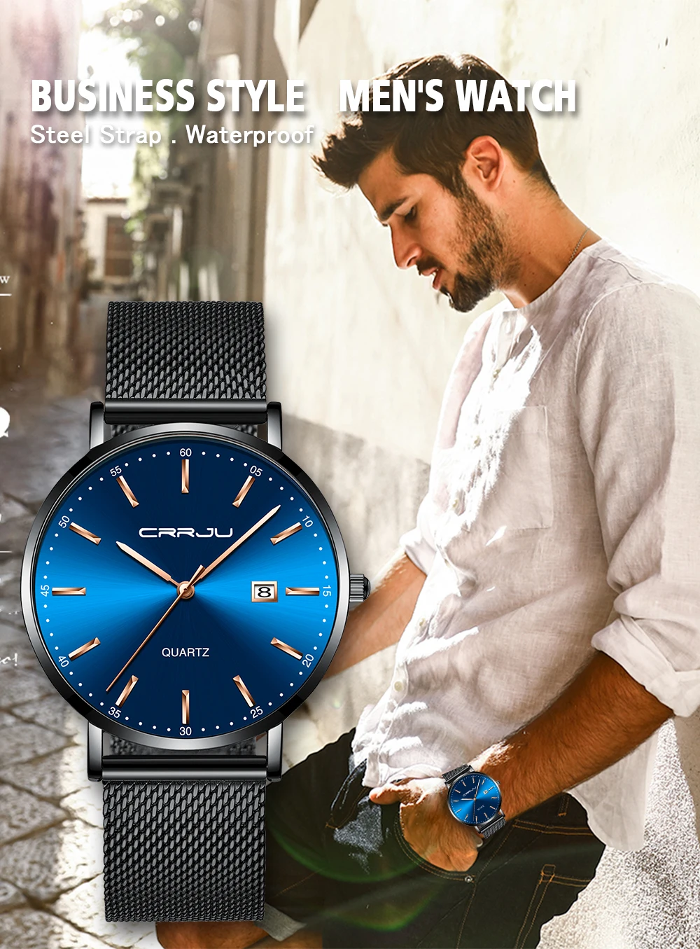 Reloj hombre CRRJU Лидирующий бренд Роскошные Синие водонепроницаемые часы тонкие Стильные повседневные кварцевые часы с датой мужские спортивные часы с сетчатым ремешком