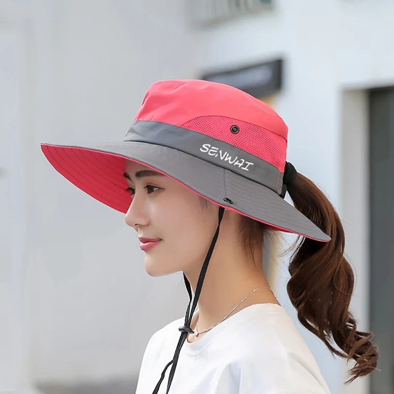 Outdoor Hiking Wide Brim Bucket Hat Women Quick Drying Breathable Packable Sunshade UV-proof Ponytail Cap With Chain Strap